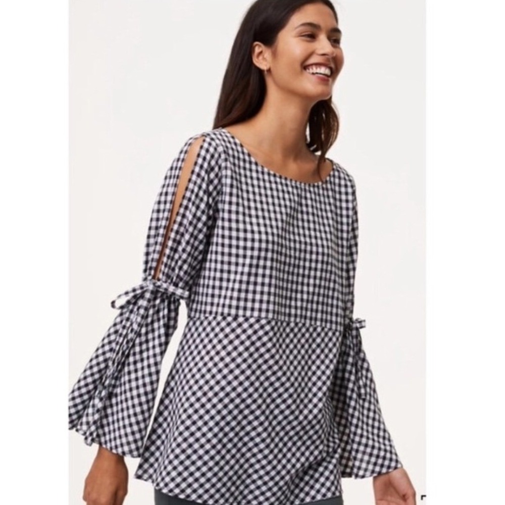 LOFT Tunic Top Womens Small Black Gingham Plaid Bell Sleeve Retro Cottagecore